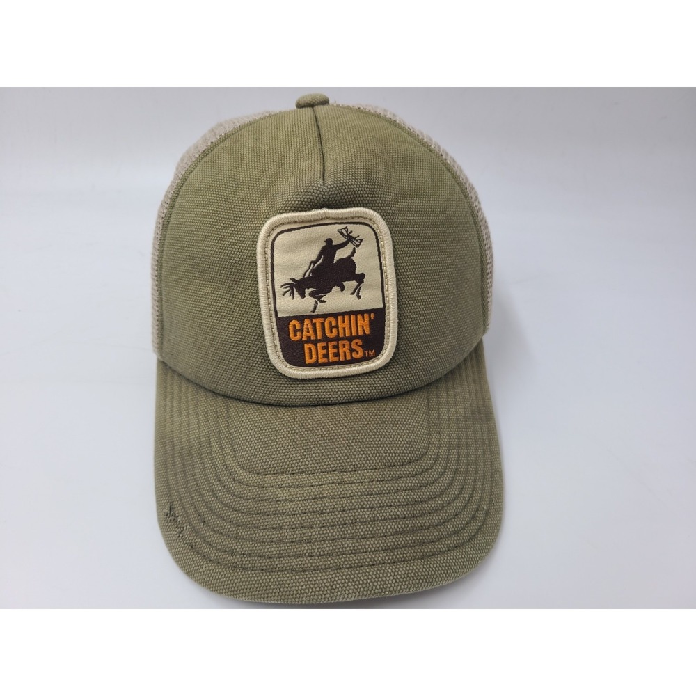 Catchin Deers Patch Distressed Mesh Trucker Hat Cap Hunt Outdoors Green‎ Beige
